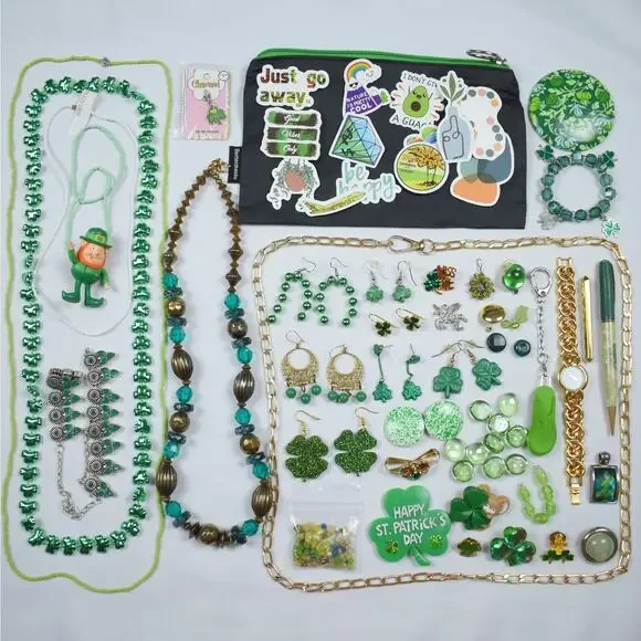 Junk Drawer Mixed Lot Jewelry Scrap Earrings Crafts Repurpose St. Patrick's Day - Picture 1 of 7